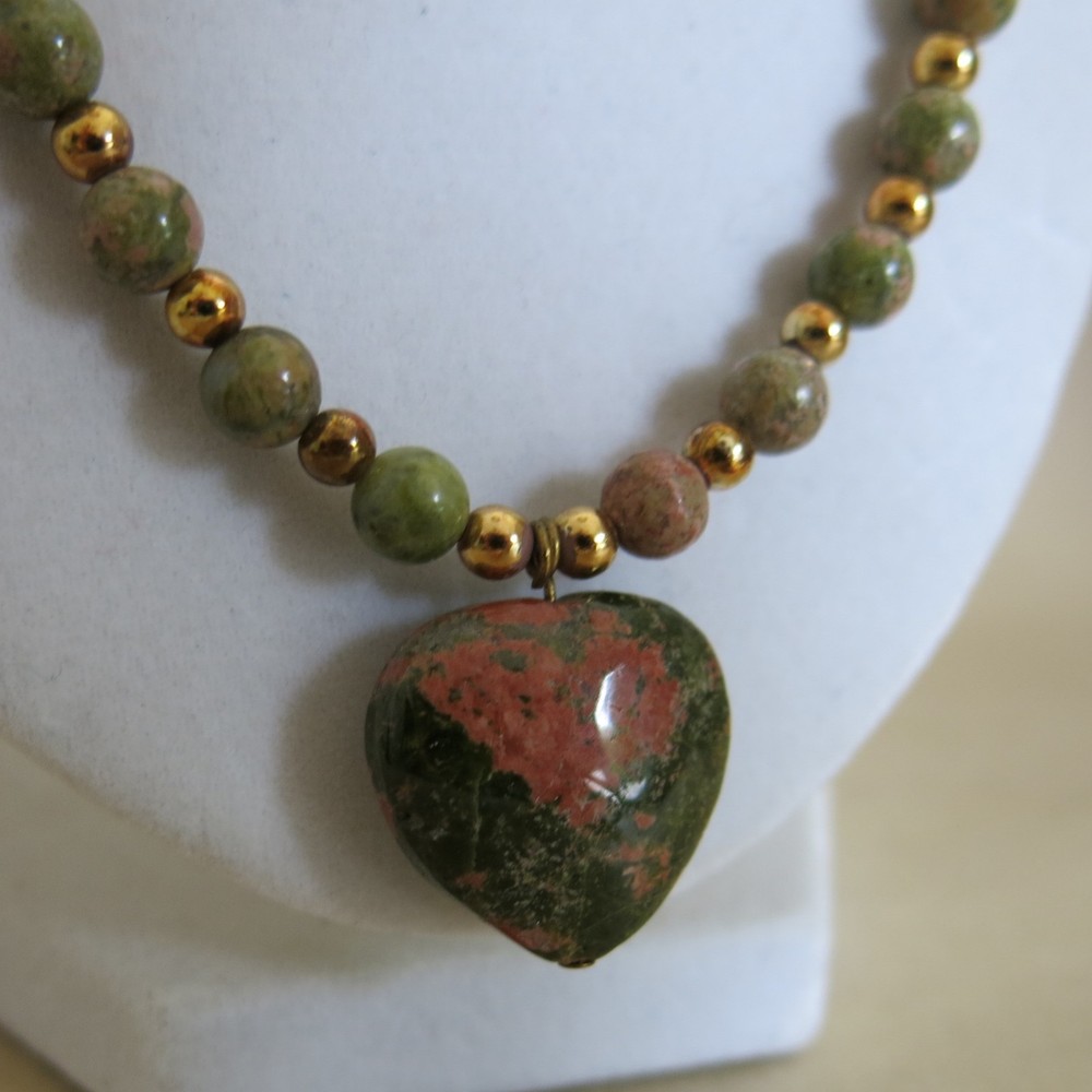 Rhodonite Heart Necklace with Gold Filled Beads 28 Inch 43.0g [3816]