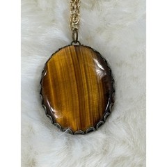 Vintage Tigers Eye Oval Pendant Necklace Gold Tone Chain Boho Statement 24 Inch