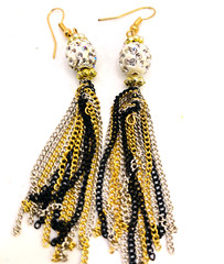 Vintage 1990s 2000s Disco Ball CZ Sparkle Black Gold Chain Tassel NYE Earrings