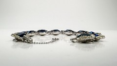 Vintage Blue Crystal and Clear Rhinestone Bracelet Silver Tone Fold-over Clasp