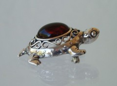 Jezlaine Turtle Filigree & Amber Brooch Pin 925 Sterling Silver Vintage Signed