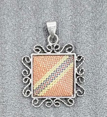 Vintage Style Filigree Pendant Fabric Inlay Square Silver Tone Charm Textile