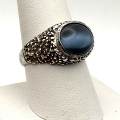 Vintage Sterling Brutalist Textured Black Cats Eye Ring 9.5