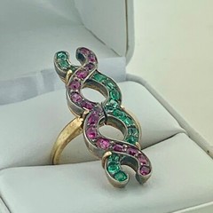 Victorian 14K & Sterling Emerald and Ruby DNA Ring