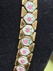 Vintage 1940s Enamel Brass Panel with Hand Painted Pink Rose Choker Necklace 15″