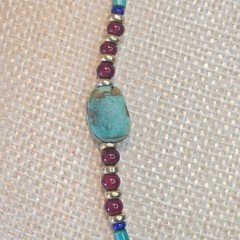 Vintage Egyptian Revival Necklace With Teal Scarab Beads & Red Gold Glass boho