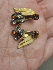 Vintage Austria Brooch Earrings Set Brown Clear Rhinestones Gold Tone Floral