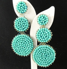Pretty Turquoise Colored Beaded Dangle Drop Earrings Light Weight Round Long