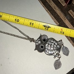 Vintage Silver Toned Owl Neckalce with Rhinestones and Black Faceted Eyes