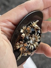 Vintage Bakelite Brooch Irregular Shape Rhinestones Gold Tone Czech Large