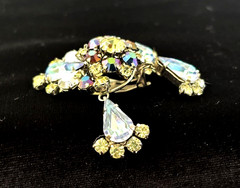 Fabulous Vintage Silver Tn BLUE AB Rhinestone Cluster Drop Clip Earrings AUSTRIA