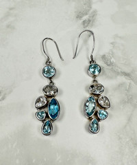 Sterling Silver Aquamarine & White Topaz Cluster Dangle Earrings – 2 1/4″