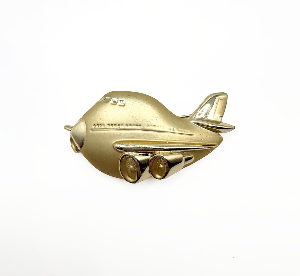 Signed AJC Airplane Brooch Gold Tone Aircraft Pin Vintage Aviation Jewelry Pin
