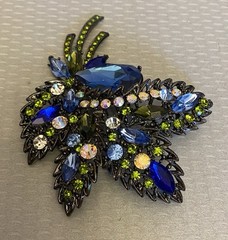 Vintage Blue AB Rhinestone Brooch Oversized Corsage Bouquet Black Metal unsigned