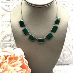 Vintage Art Deco Chrysoprase Open Back Bezel Sterling Collar Necklace 15.5″