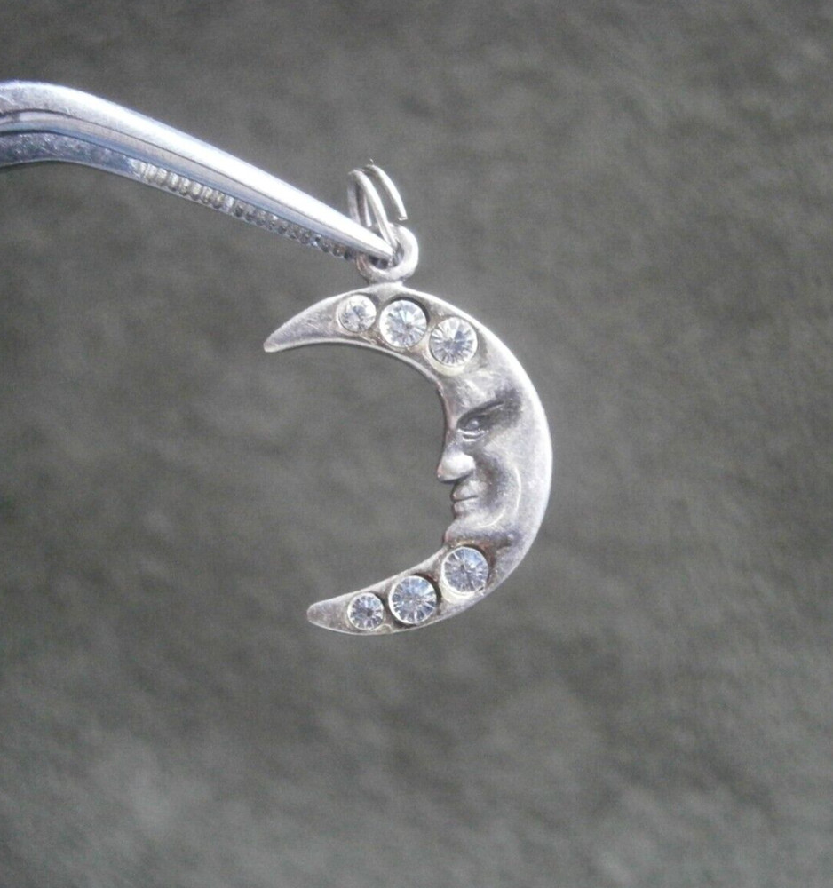 Jezlaine Crescent Moon Vintage Sterling Silver Crystal Bracelet Charm Pendant