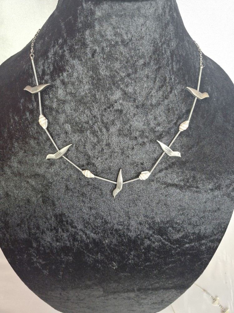 90’s Signed Hobé Bird Necklace Silver Tone Modernist Nature Shell Accent Artisan