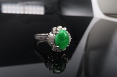 Vintage 1.10ct Natural Jadeite Jade & 0.49ct Diamond Platinum Ring, Size 7.25