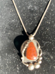 VTG Sterling Navajo Shadowbox One Feather Jasper Pendant Necklace Signed Larry W