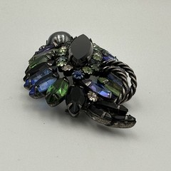 Vintage Rhinestone Brooch Blue Green Black Navette Cabochon Layered Statement
