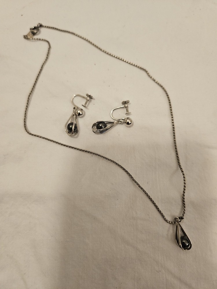 Vintage sterling silver cage pendant and earring set