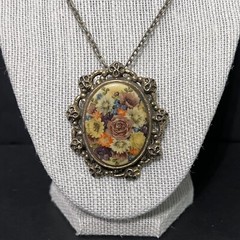 Vintage Hand-painted Victorian Cameo Filigree Floral Ceramic Necklace Brooch Pin