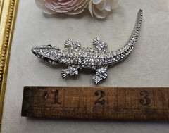 Vintage Alligator Crocodile Crystal Brooch Pin Rhinestone Staement Silver Tone