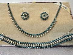 VTG B. David Faux-Emerald Rhinestone F Seed Pearl Necklace Earrings Bracelet SET