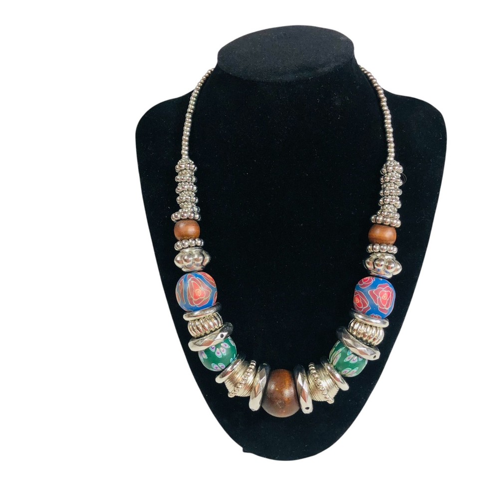 Wooden Polymer Clay Floral Silver Beaded Statement Necklace Disc Chunky Boho