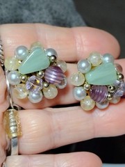 S401 Vtg Set Japan Multi Strand Beaded Necklace Clip Earrings Glass Faux Pearl