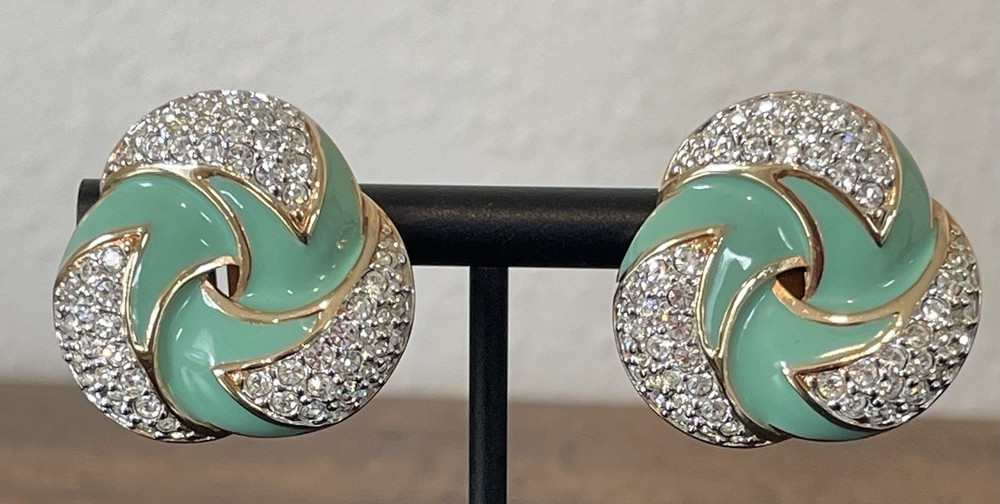 Vintage S.A.L. Green Enamel Swarovski Crystal Goldtone Clip-on Earrings