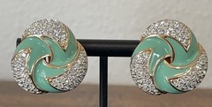 Vintage S.A.L. Green Enamel Swarovski Crystal Goldtone Clip-on Earrings