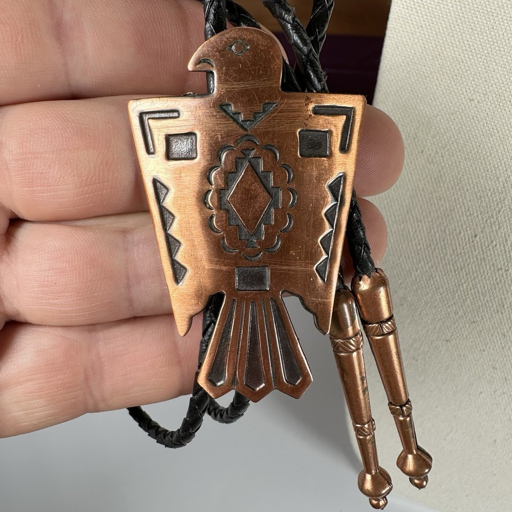 Stunning 60s Vintage Copper Native American Thunderbird Western Bolo Tie Signed