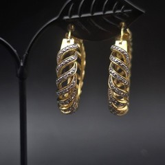 JTV 14K Gold Plated Brass Hoop Earrings Diamon Chip Accents