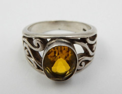 VINTAGE CITRINE STERLING SILVER SETTING HIPPY ART FASHION RING ~ SIZE: 8