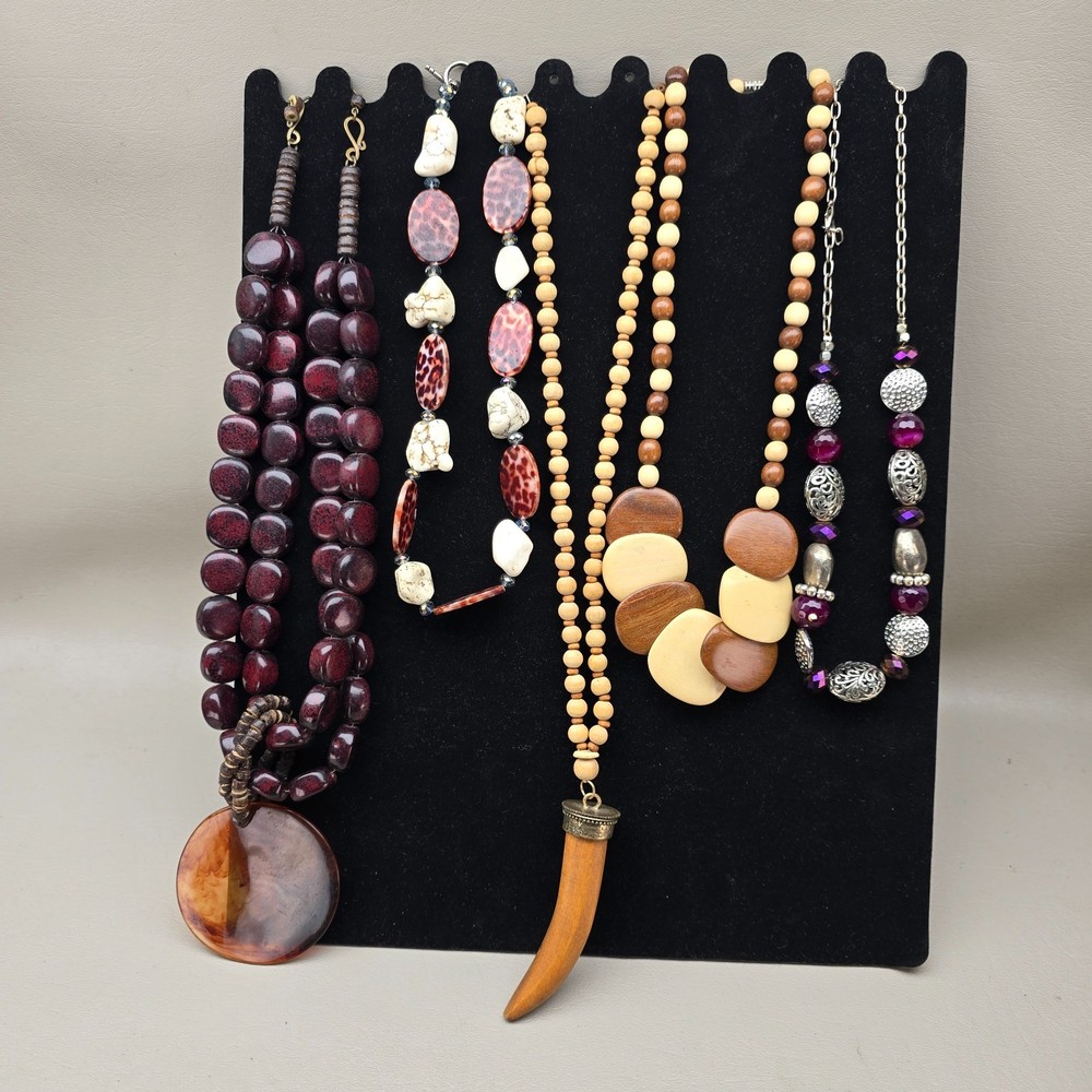 Vintage Beaded Necklace Lot Statement Wood Acrylic Glass Earthy Boho 5 Pieces