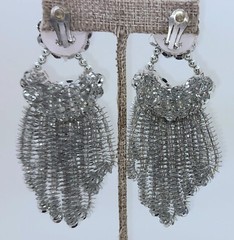 E304 Vintage long Handmade silver seed beaded sequins clip Drop fashion earrings