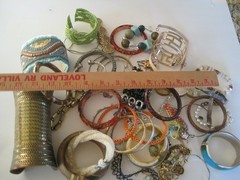 Costume Jewelry 2 Lb Bracelets Brass Arm Band Leather Plastic Wood Beads Retro#9