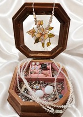Small Vintage Wood And Glass Jewelry Box With Jewelry Lot Wearable Nice!!