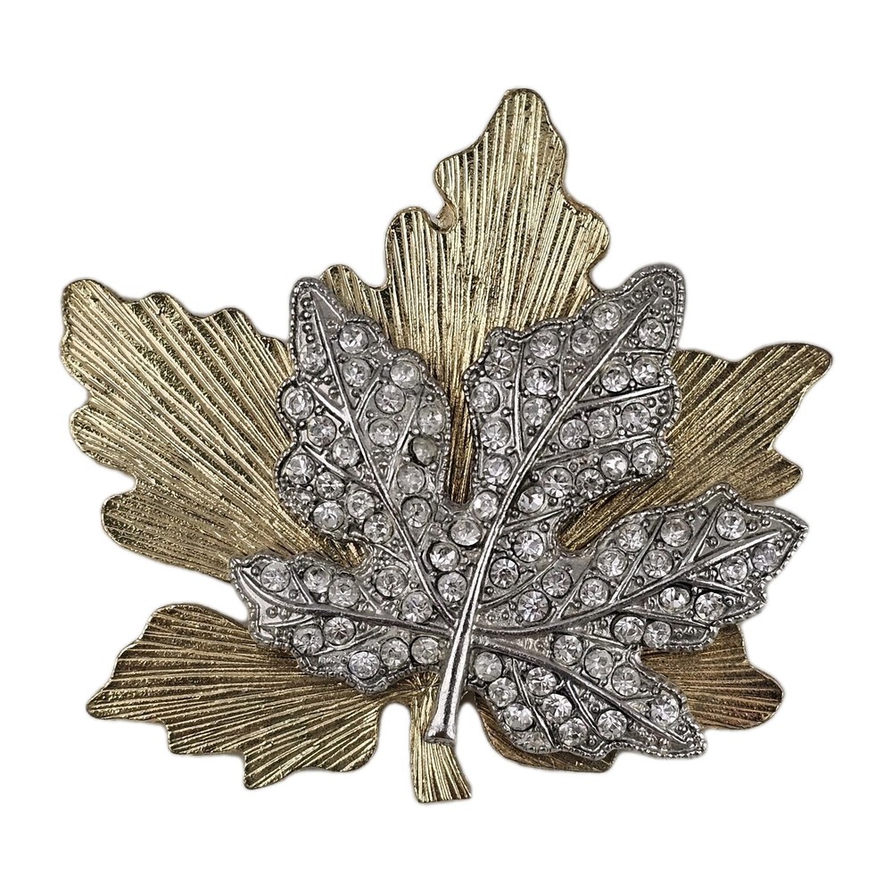 Vintage Silver Tone Gold Tone Rhinestones Classic Maple Leaf Brooch Pin