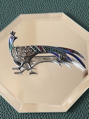 Antique Art Deco/Art Nouveau Sterling Silver Enamel/Rhinestone Peacock Brooch