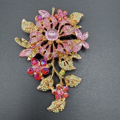 HUGE Pave Rhinestone Flower Gold Tone Brooch Pin Pink J26