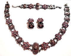 Antique Style Art Deco Silver Tone Filigree Pink/Purple Cabochon jewelry Set
