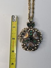 VTG Florenza Jeweled Gold Necklace Green Rhinestone Pearl Beauty Signed Italian