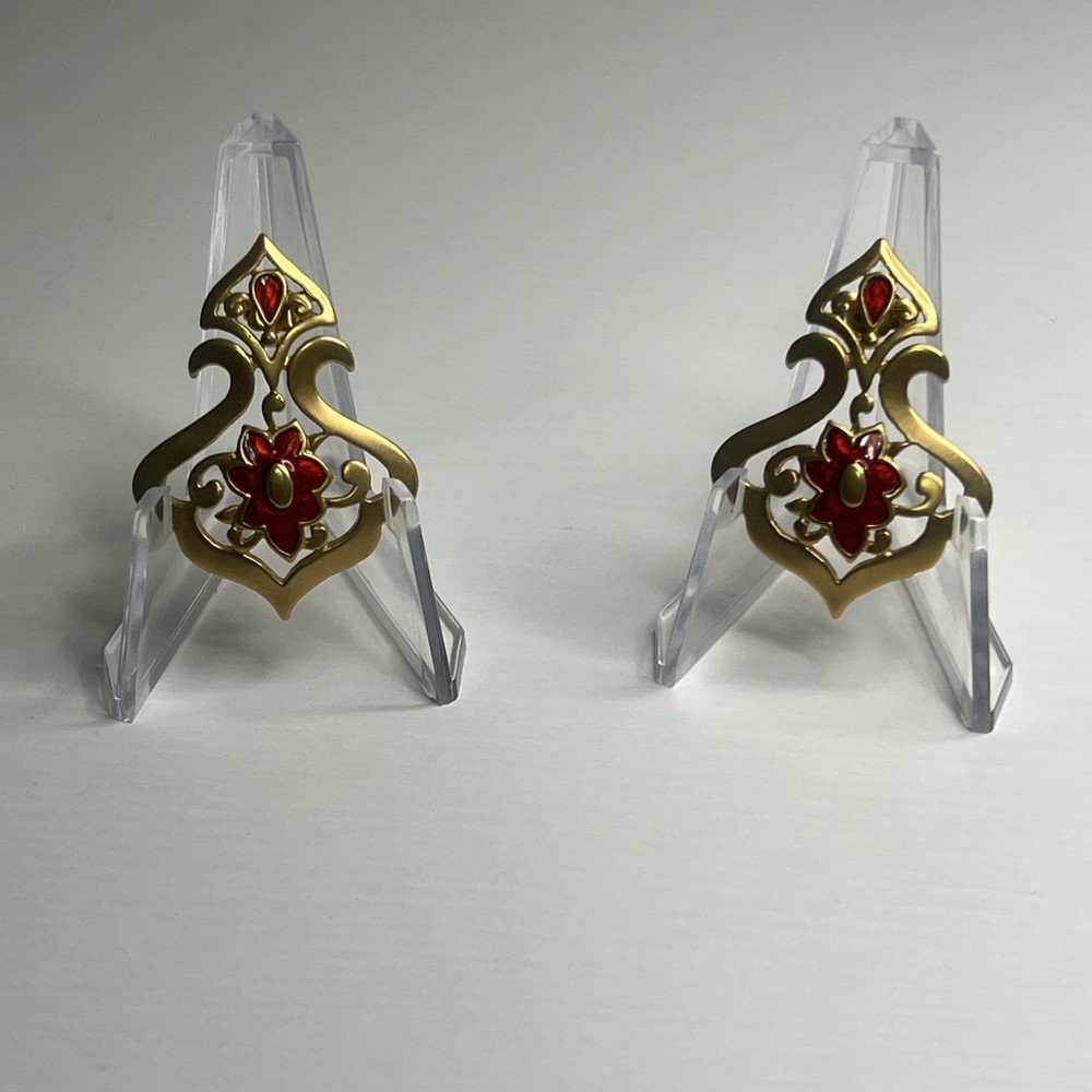 Vintage Ornate Openwork Stud Earrings Brushed Gold Tone & Red Enamel 1 3/4″