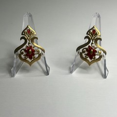 Vintage Ornate Openwork Stud Earrings Brushed Gold Tone & Red Enamel 1 3/4″