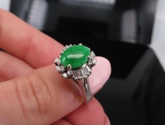 Vintage 1.10ct Natural Jadeite Jade & 0.49ct Diamond Platinum Ring, Size 7.25