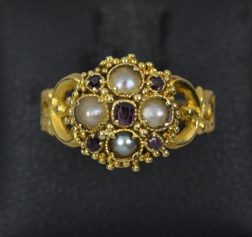 Victorian 18ct 18k Gold Almandine Garnet Pearl Cluster Ring Sz 5.5 Hallmark 1867