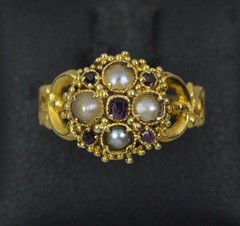 Victorian 18ct 18k Gold Almandine Garnet Pearl Cluster Ring Sz 5.5 Hallmark 1867