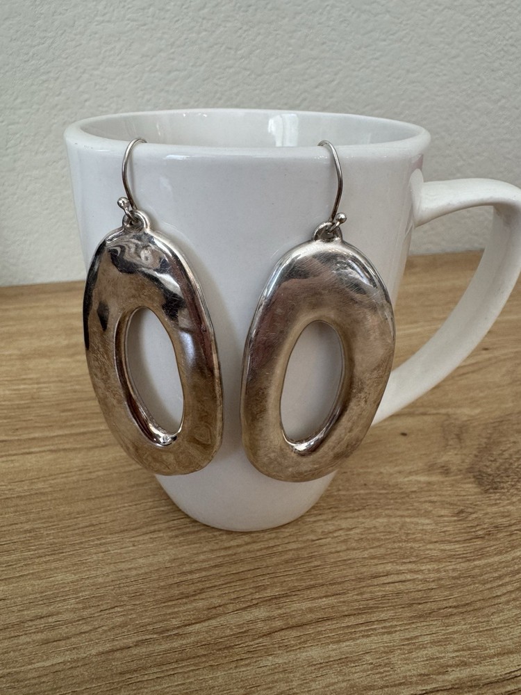 Vintage 925 Sterling Silver Open Oval Dangle Drop Hook Earrings 2.75in No Stone
